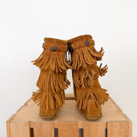 Vintage Minnetonka y2k Tall Tiered Fringed Moccasin Boots Kids Toddler Size 7 - Picture 5 of 8
